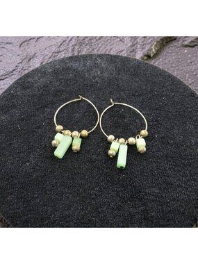 Vintage Aqua Color Acrylic Blocks and Metal Beads Hoop Wire Earrings